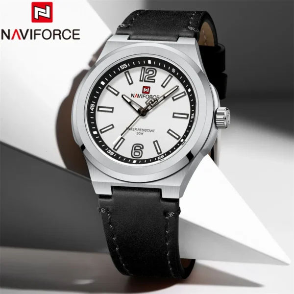 Naviforce 9233 Leather Wrist Watch For Men- Black White