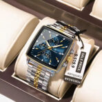 POEDAGAR 866 Luxury Square Chronograph Men’s Watch Golden Black  and Blue