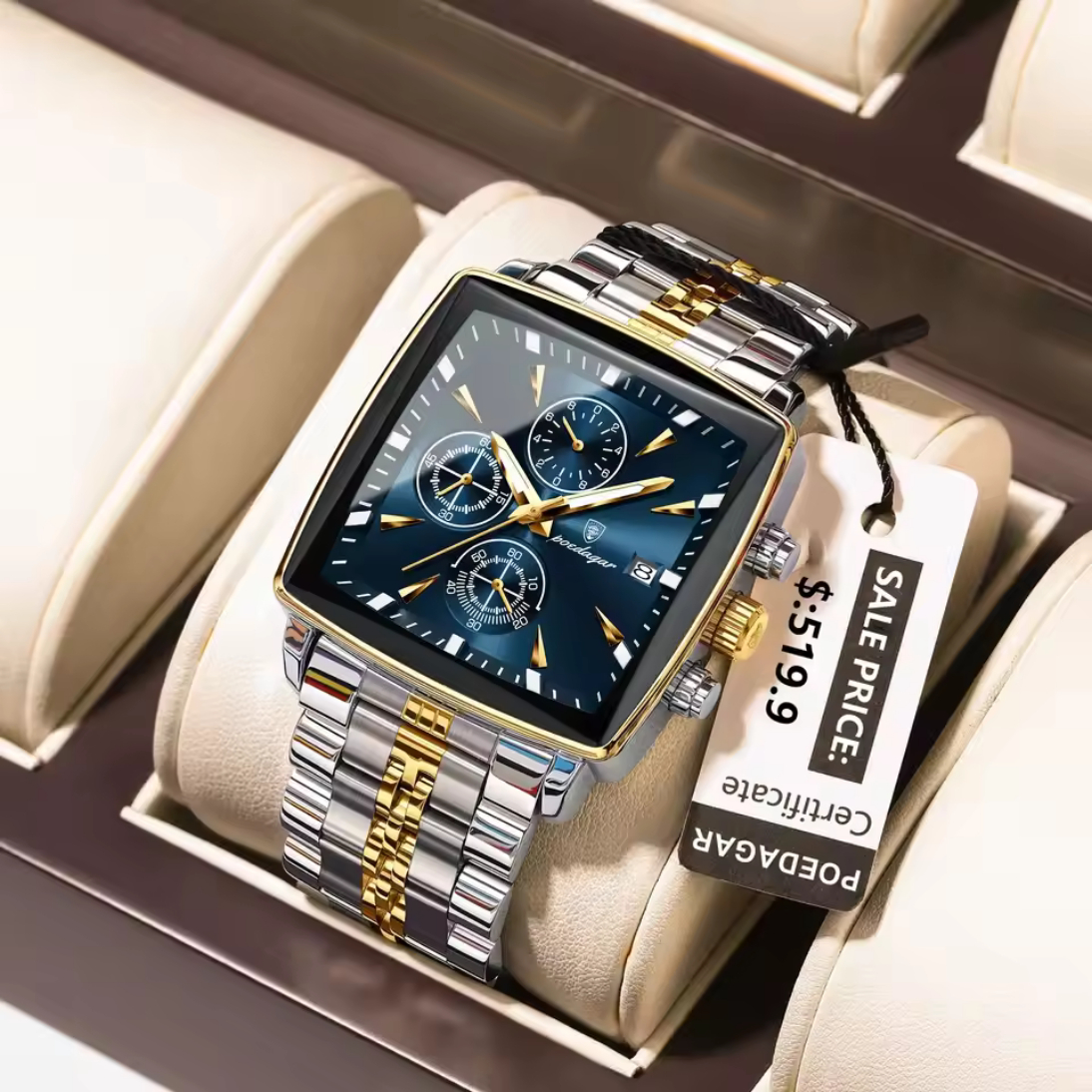 POEDAGAR 866 Luxury Square Chronograph Men’s Watch8 POEDAGAR 866 Luxury Square Chronograph Men’s Watch Golden Black and Blue - Image 1