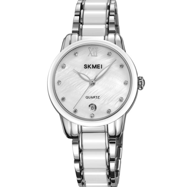 SKMEI 2175  WOMEN FULL SILVER CERAMIC ALLOY LUXURY FASHION WATERPROOF WATCH