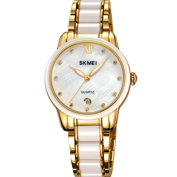 SKMEI 2175 WOMEN GOLDEN SILVER CERAMIC ALLOY LUXURY FASHION WATERPROOF WATCH