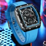 CURREN 8442 Multi-function Chronograph Men Watch Silicone Band Sports Quartz Watches-Rose Gold & Blue - Image 4