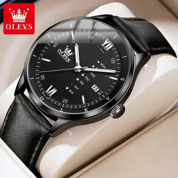 Olevs 2931 Leather Watch For Men-Black